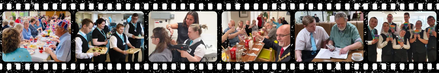 A film-strip montage of six photographs: a community lunch with Union flag bunting, students in waistcoats serving food, a student blow-drying hair, guests raising glasses with a man wearing a chain of office, a student and an older man reading a newspaper, and six students holding up leaflets