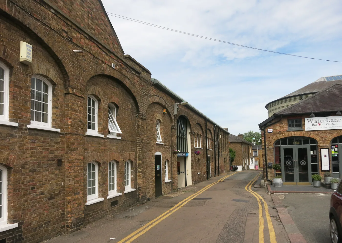 Water Lane, Bishop's Stortford, looking towards the Water Lane Bar and Restaurant. The photograph does not show Water Lane Hall itself